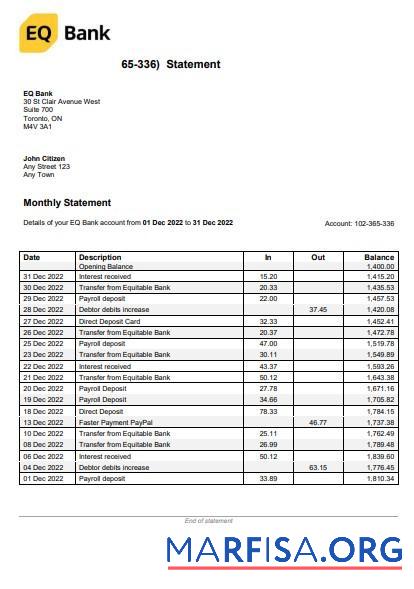 Realistic USA Ontario EQ bank statement word example